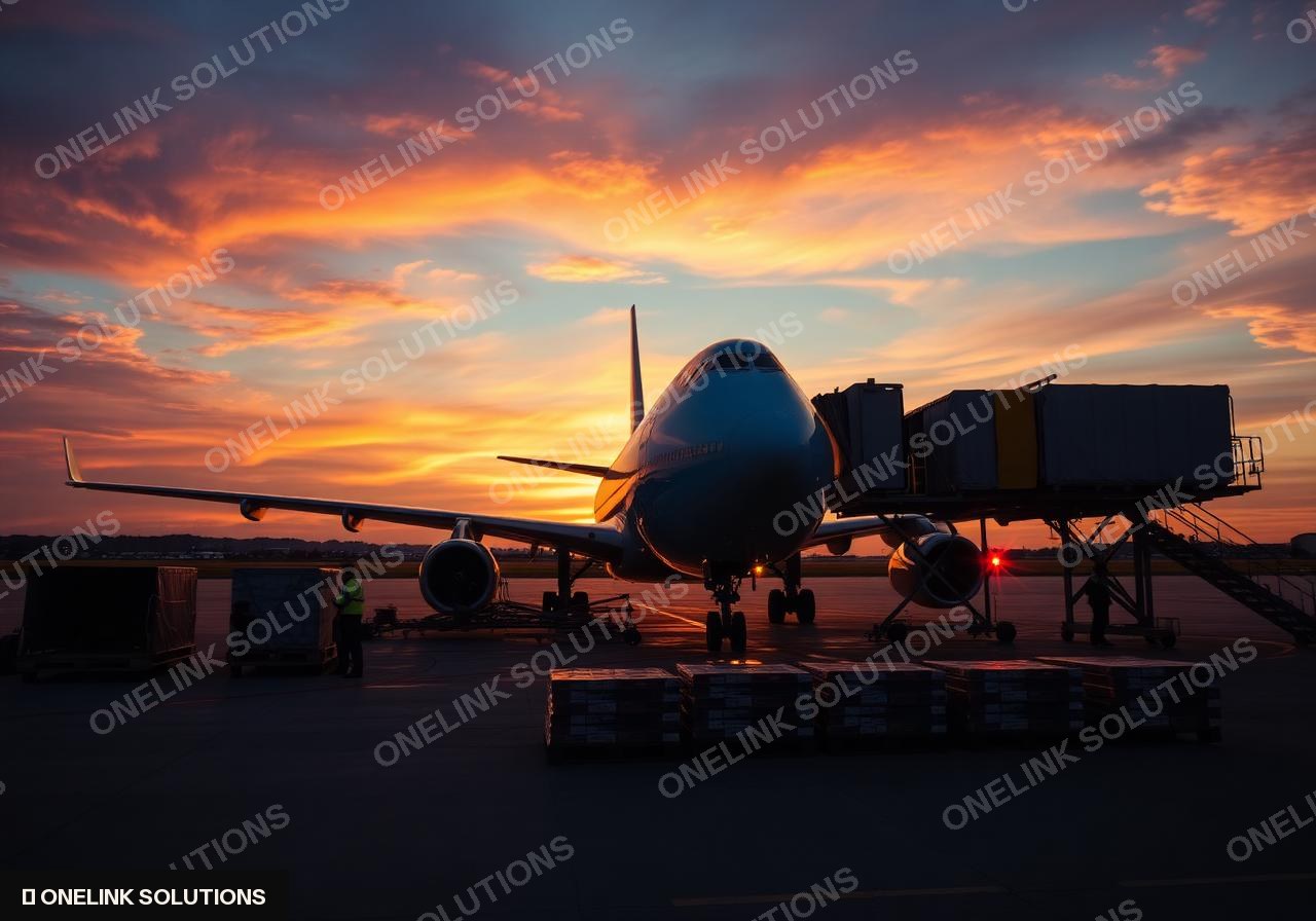 Cargo plane being loaded at sunset