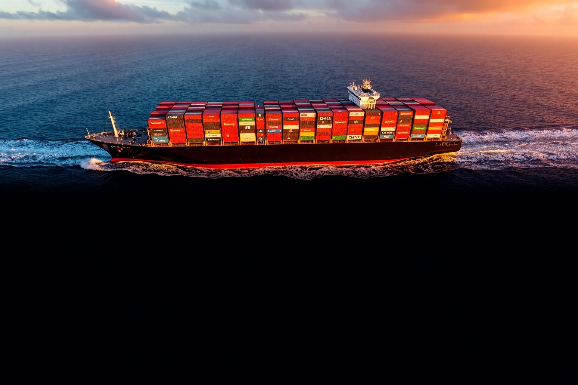 Container ship transporting goods across the ocean at sunset