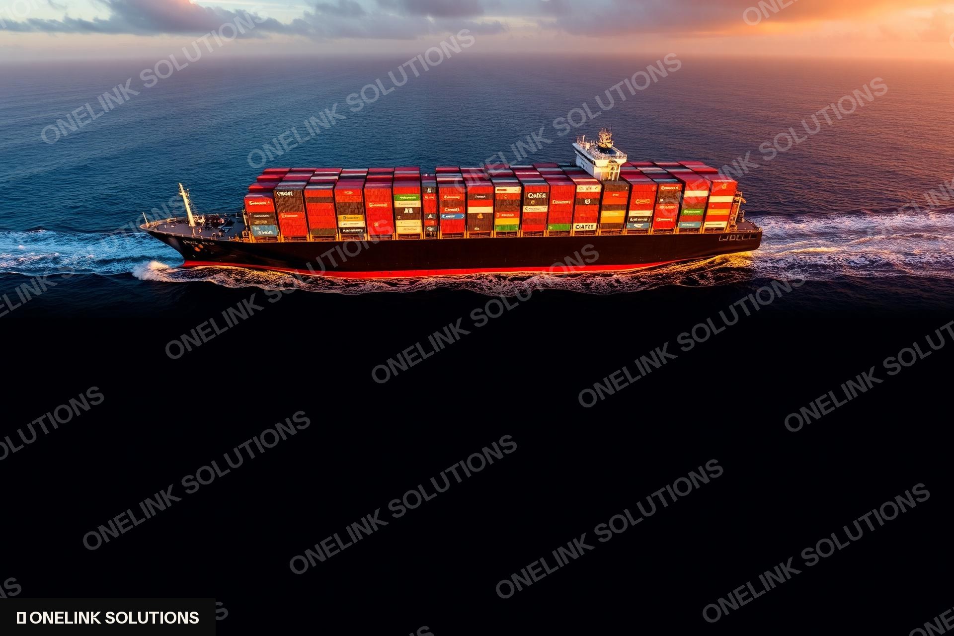 Container ship transporting goods across the ocean at sunset